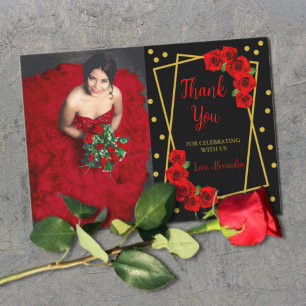 Tarjeta De Agradecimiento Rosa Roja Negro y Quinceañera de oro