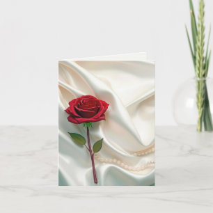 Tarjeta De Agradecimiento Rosa Roja y Perlas Sobre Satén