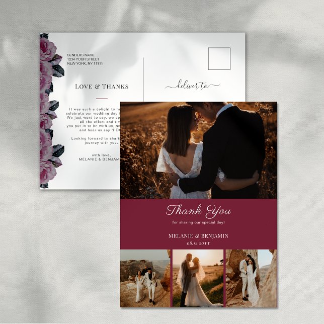 Tarjeta de agradecimiento rosa romántico floral de (4 Photos Pink Romantic Floral Thank You Postcard)