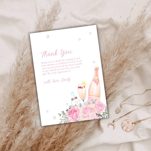 Tarjeta De Agradecimiento Rosa Rosa Rosa Poppin Champagne Botellas Baby Show (Pink Rose Poppin Champagne Bottles Baby Shower Thank You Card)
