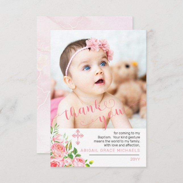 Tarjeta De Agradecimiento Rosa Rosa Rosa Rosada Bloza Bautismo Foto Gracias (Anverso / Reverso)