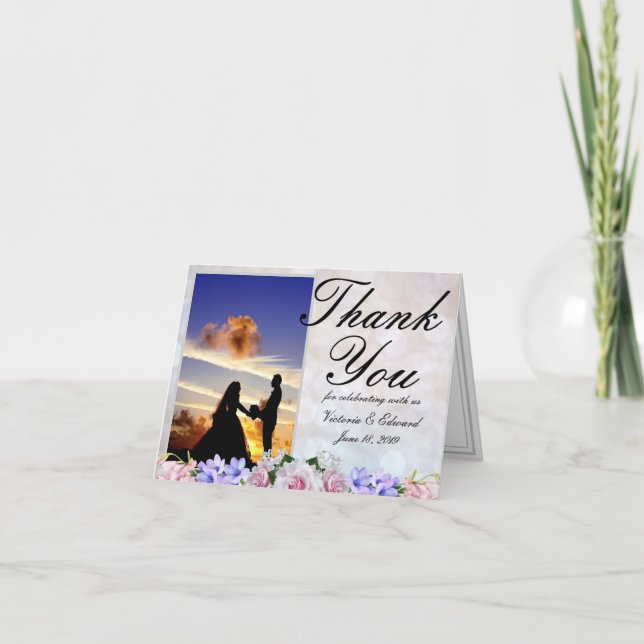 Tarjeta De Agradecimiento Rosa rosa | Silver Bokeh Gracias Boda (Anverso)