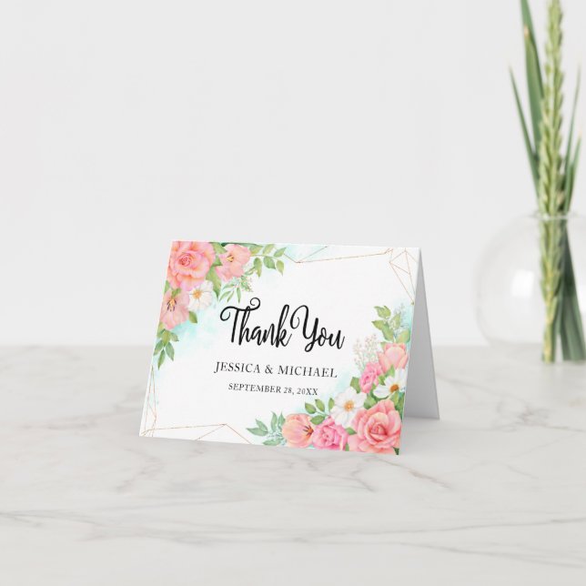 Tarjeta De Agradecimiento Rosa rosa turquesa Ombre Floral Bouquet Boda (Anverso)
