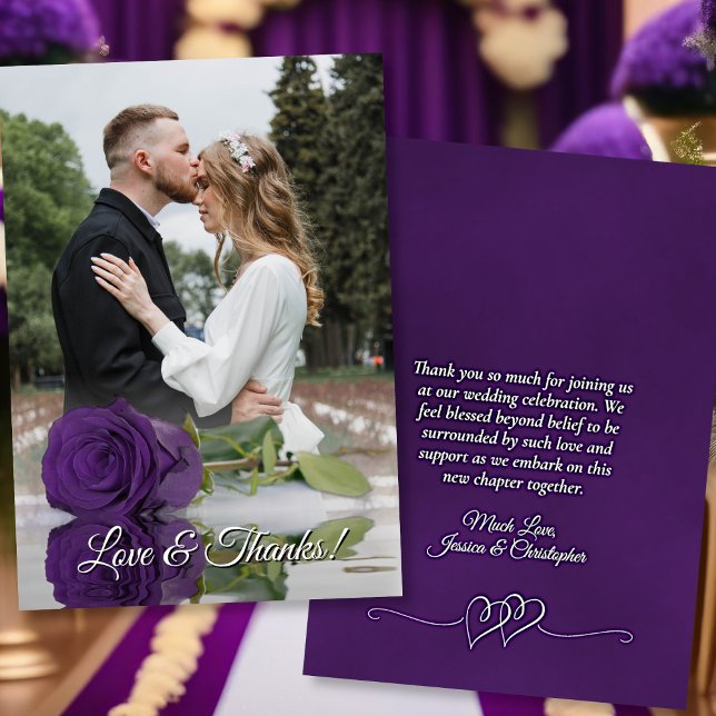 Tarjeta De Agradecimiento Rosa Royal Purple Elegant Wedding Foto overlay (Front/Back)