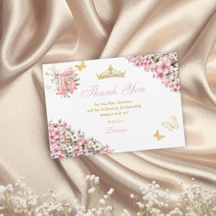 Tarjeta De Agradecimiento Rosa Rubor Floral Mariposas Doradas Quinceañera