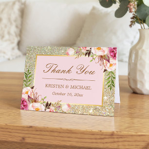 Tarjeta De Agradecimiento Rosa Rubor Floral Oro Brillante Chispas Gracias