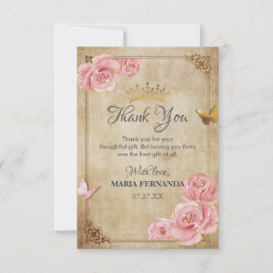 Tarjeta De Agradecimiento Rosa Rubor Mariposa rosa Crown Gold Quinceanera