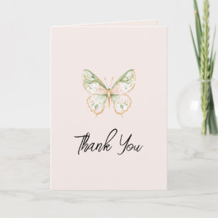 Tarjeta De Agradecimiento Rosa Rubor Verde Menta Oro Mariposa Amor