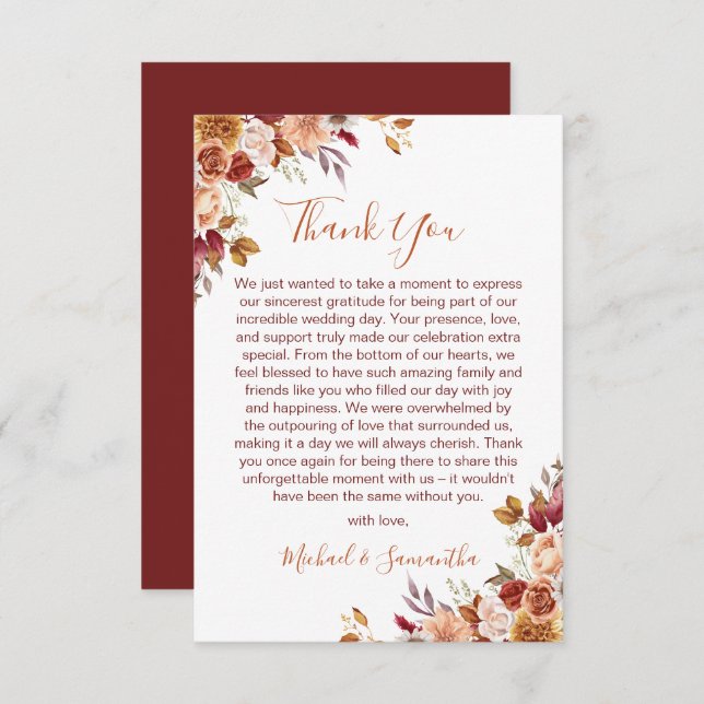 Tarjeta De Agradecimiento Rosa Rústica y Crisantemo Boda de Otoño (Anverso / Reverso)