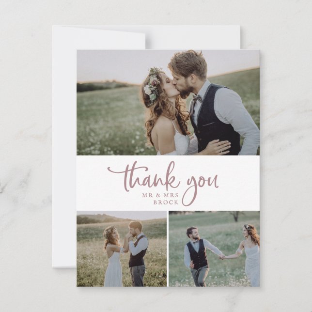 Tarjeta De Agradecimiento Rosa Rústico Guión Oro 3 Boda de Collage de fotos (Anverso)