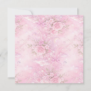 Tarjeta De Agradecimiento Rosa Soñador Floral Perlas Lazos Brillo Pastel