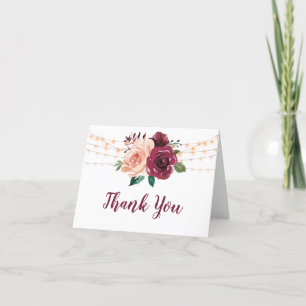 Tarjeta De Agradecimiento Rosa turbio Borgoña Floral String Lights Boda