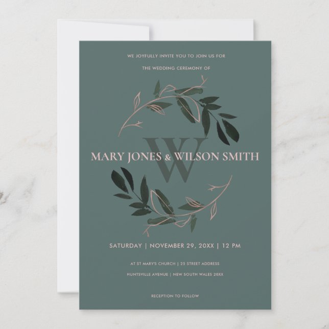 Tarjeta De Agradecimiento Rosa VERDE ORO FOLIAGE WREATH WEDDING INVITE (Anverso)