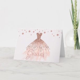 Tarjeta De Agradecimiento Rosa Vestido de Oro Quinceañera 15º cumpleaños Gra