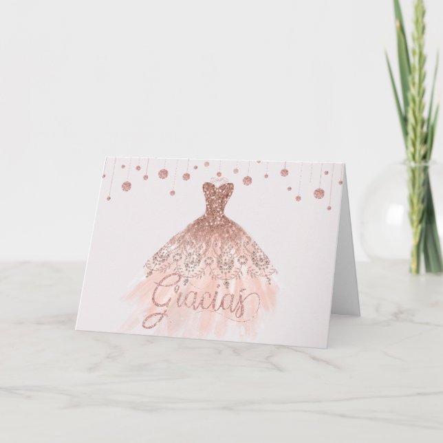 Tarjeta De Agradecimiento Rosa Vestido de Oro Quinceañera 15º cumpleaños Gra (Anverso)