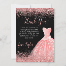 Tarjeta De Agradecimiento Rosa Vestido Rosa Faux Purpurina Dulce 16 Cumpleañ