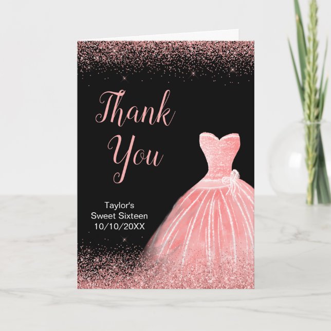 Tarjeta De Agradecimiento Rosa Vestido Rosa Faux Purpurina Dulce 16 Cumpleañ (Anverso)