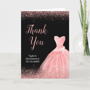 Tarjeta De Agradecimiento Rosa Vestido Rosa Faux Purpurina Quinceanera
