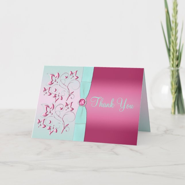 Tarjeta de agradecimiento rosa y acua (Anverso)