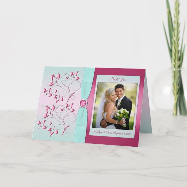 Tarjeta de agradecimiento rosa y Aqua con foto (Anverso)