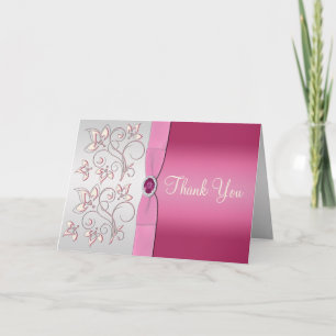 Tarjeta de agradecimiento rosa y plata