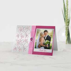 Tarjeta de agradecimiento rosa y plata con inserto