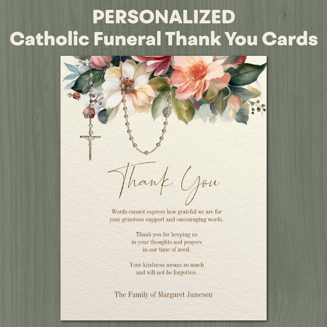 Tarjeta De Agradecimiento Rosario Católico Floral Funeral Condolencias Simpa (Traditional Catholic Funeral Memorial Thank You Cards with Rosary & Floral Swag)