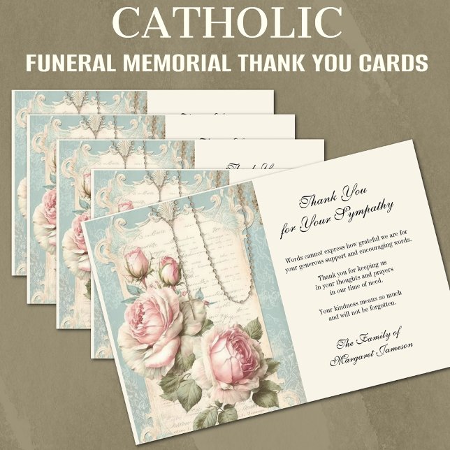 Tarjeta De Agradecimiento Rosario conmemorativo católico y Rosas (Traditional Catholic Funeral Memorial Cards with the Holy Rosary and Roses)