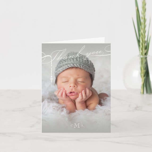 Tarjeta De Agradecimiento Rosary Cross Monograma Guiado Foto Religiosa (Anverso)