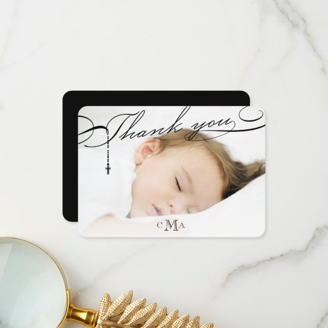 Tarjeta De Agradecimiento Rosary Cross Monograma Guiado Foto Religiosa (Anverso/Reverso In Situ)