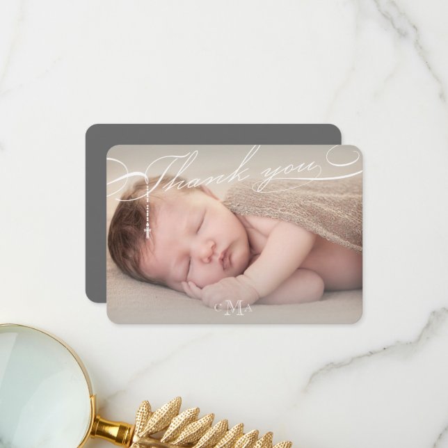 Tarjeta De Agradecimiento Rosary Cross Monograma Script Foto Religiosa (Anverso/Reverso In Situ)