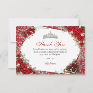 Tarjeta De Agradecimiento Rosas acuarela rojas y quinceañera roja y plata