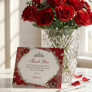Tarjeta De Agradecimiento Rosas acuarela rojas y quinceañera roja y plata