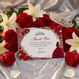 Tarjeta De Agradecimiento Rosas acuarela rojas y quinceañera roja y plata