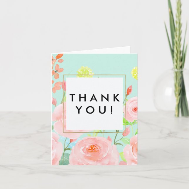 Tarjeta De Agradecimiento Rosas acuáticos rosas y de menta gracias (Anverso)