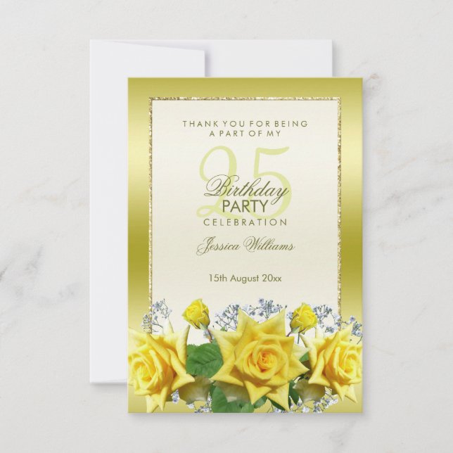 Tarjeta De Agradecimiento Rosas Amarillas y Purpurinas de Oro 25º cumpleaños (Anverso)