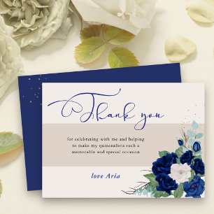 Tarjeta De Agradecimiento Rosas Azul Real y Marfil Caligrafía Elegante