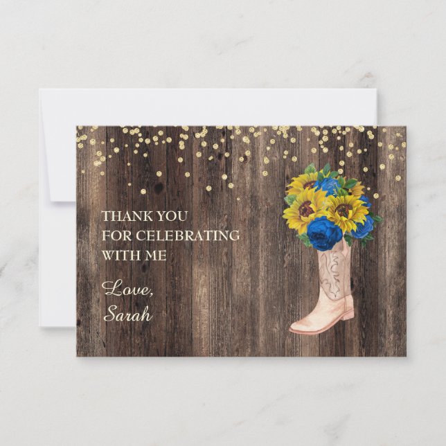 Tarjeta De Agradecimiento Rosas azules de girasol amarillo Boots Wood Gracia (Anverso)
