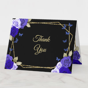 Tarjeta De Agradecimiento Rosas Azules Elegantes de Oro Negro Cumpleaños 18 