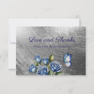 Tarjeta De Agradecimiento Rosas Azules Elegantes Mariposa Boda de Plata