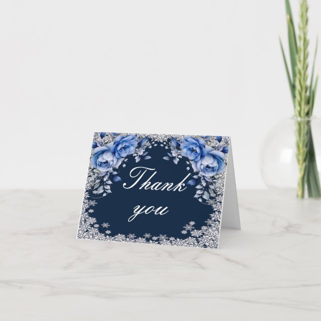 Tarjeta De Agradecimiento Rosas azules Navidades de copo de nieve Boda (Anverso)