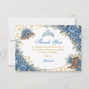 Tarjeta De Agradecimiento Rosas Azules Occidentales Quinceañera Dorada del P
