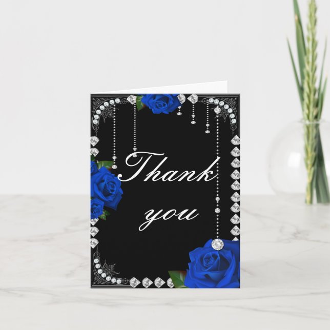 Tarjeta De Agradecimiento Rosas Azules Románticos Y Diamantes Gracias Tarjet (Anverso)