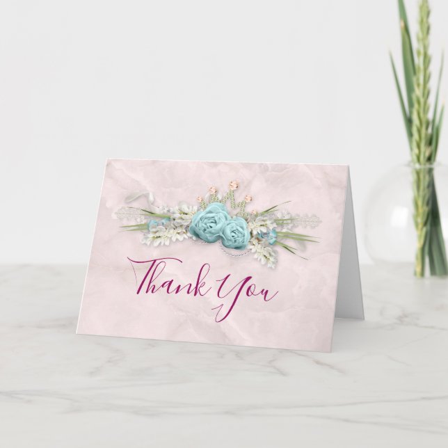 Tarjeta De Agradecimiento Rosas Azules y Crown Floral Bouquet Gracias (Anverso)