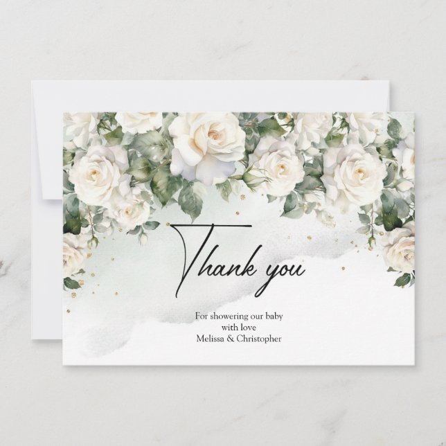 Tarjeta De Agradecimiento Rosas blancas bohemias eucalipto verde y oro (Anverso)