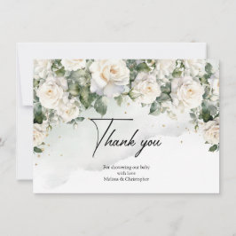 Tarjeta De Agradecimiento Rosas blancas bohemias eucalipto verde y oro