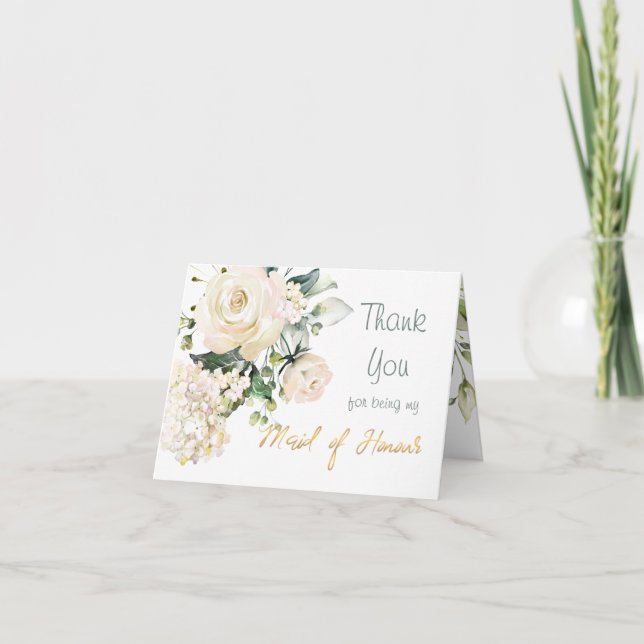 Tarjeta De Agradecimiento Rosas blancas, doncella de honor. (Anverso)