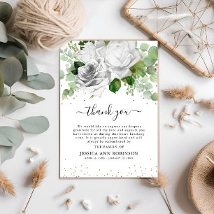 Tarjeta De Agradecimiento Rosas Blancas Elegantes y Vegetación de Eucalipto 