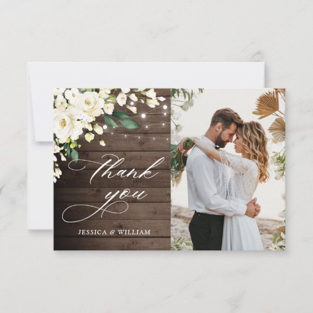 Tarjeta De Agradecimiento Rosas Blancas Foto Rústica De Linterna De Madera (Anverso)