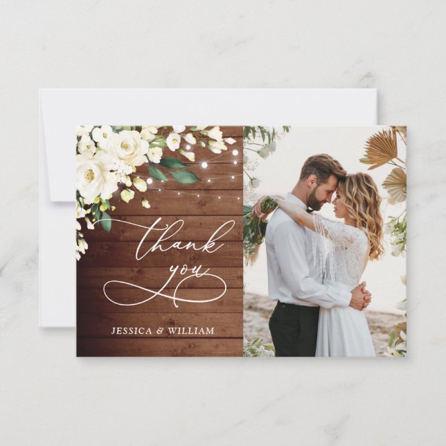 Tarjeta De Agradecimiento Rosas Blancas Foto Rústica De Linterna De Madera (Anverso)